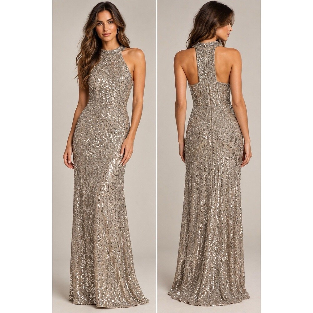 Anthropologie BHLDN Conroy Sequin High-Neck Halter Maxi Dress / Silver Gold